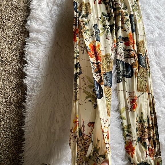 Tropical Hawaiian Floral Pants Jumpsuit Slit Legs Tie Ankle Elastic Waist Thin - Picture 6 of 10